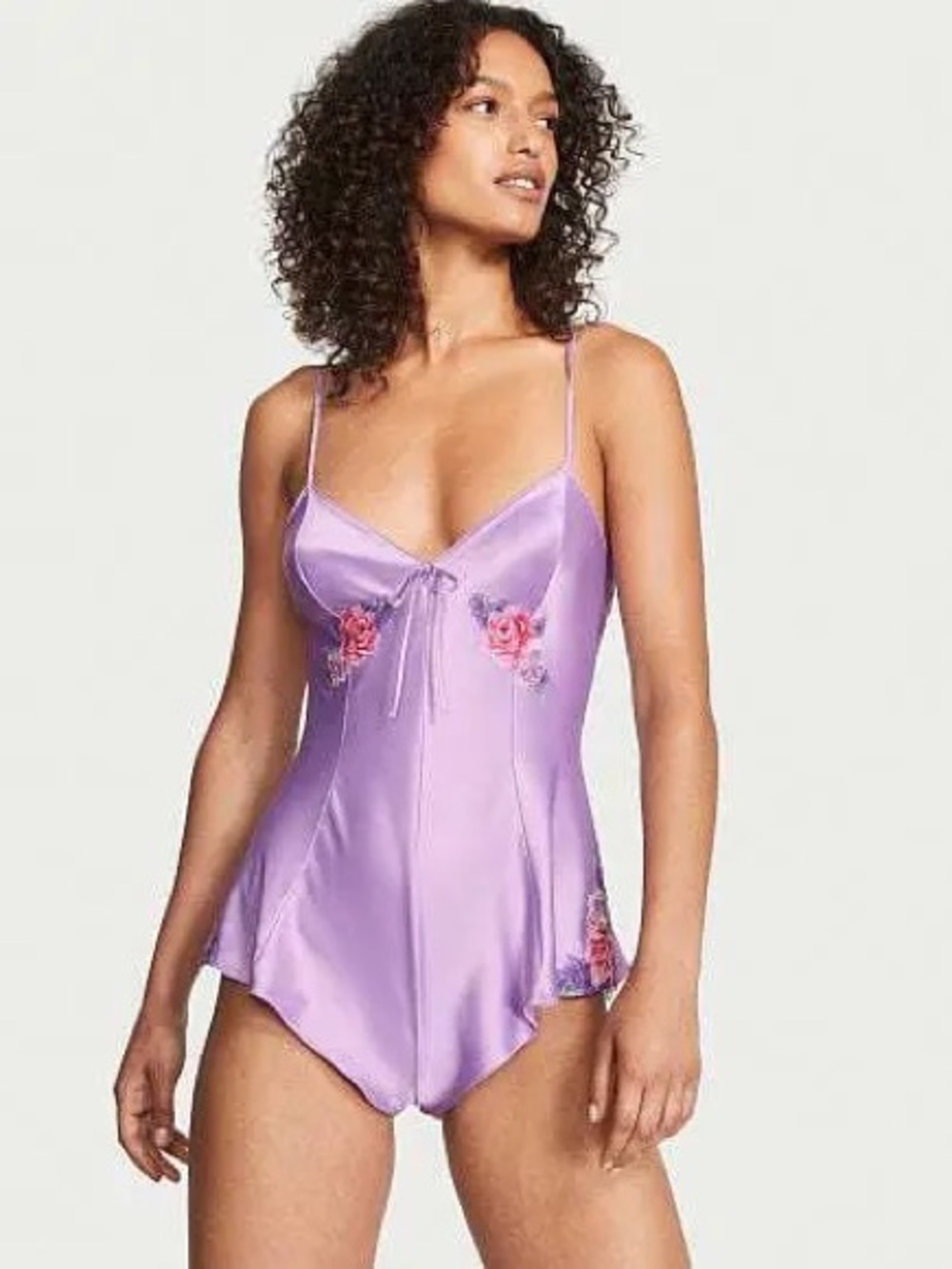 Victoria's Secret Lilac Satin Embroidered Floral Chemise Romper Coquette Fairy